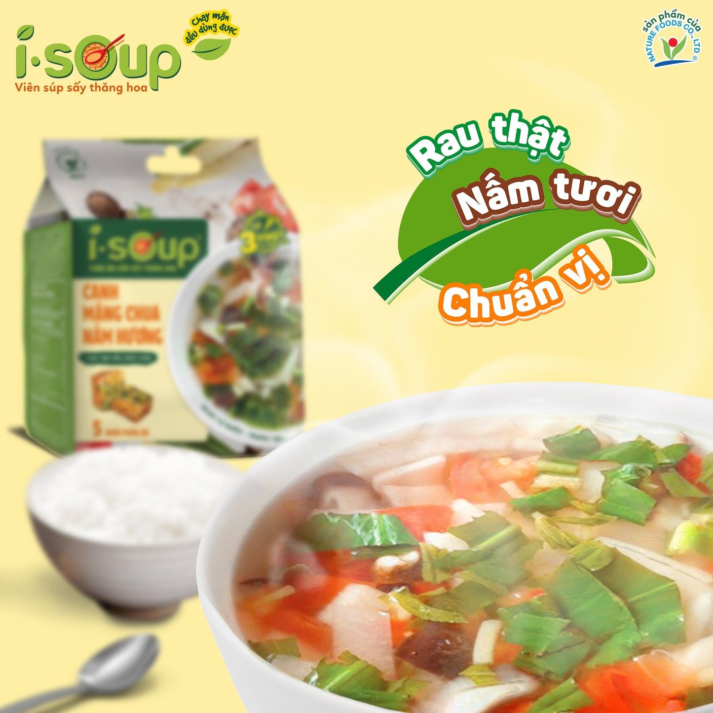 Canh Măng Chua Nấm Hương Ăn Liền ISOUP 50g 05 Viên - Viên Sấy Thăng Hoa