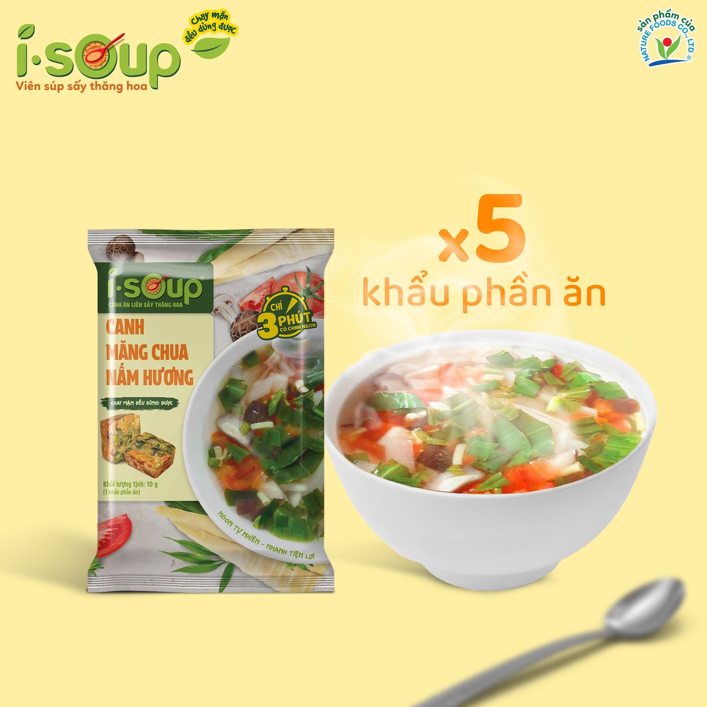 Canh Măng Chua Nấm Hương Ăn Liền ISOUP 50g 05 Viên - Viên Sấy Thăng Hoa